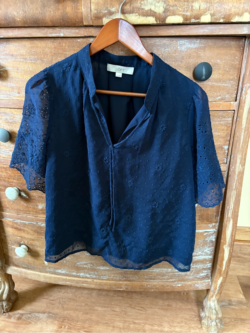 LOFT Navy Eyelet Tie-Neck Short Sleeve Blouse